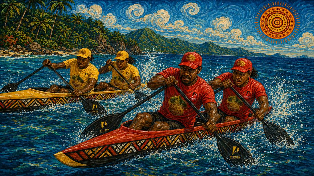 Two crews racing painted outrigger canoes on open water.