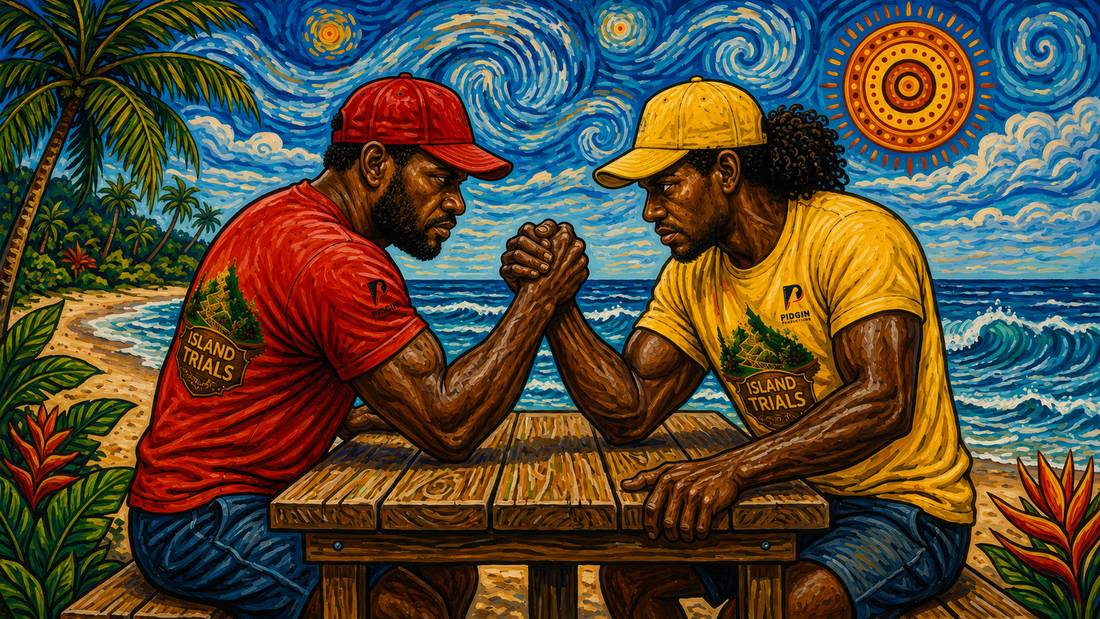 Two players arm wrestling at a timber table on the beach.
