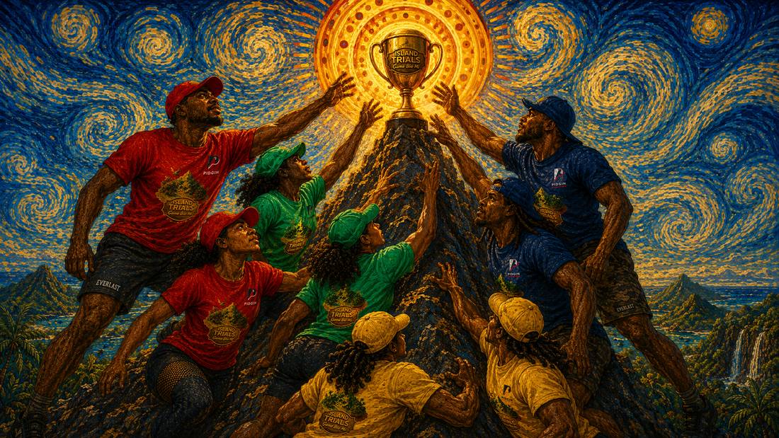 Hands reaching for the golden Island Trials cup on a mountain peak.